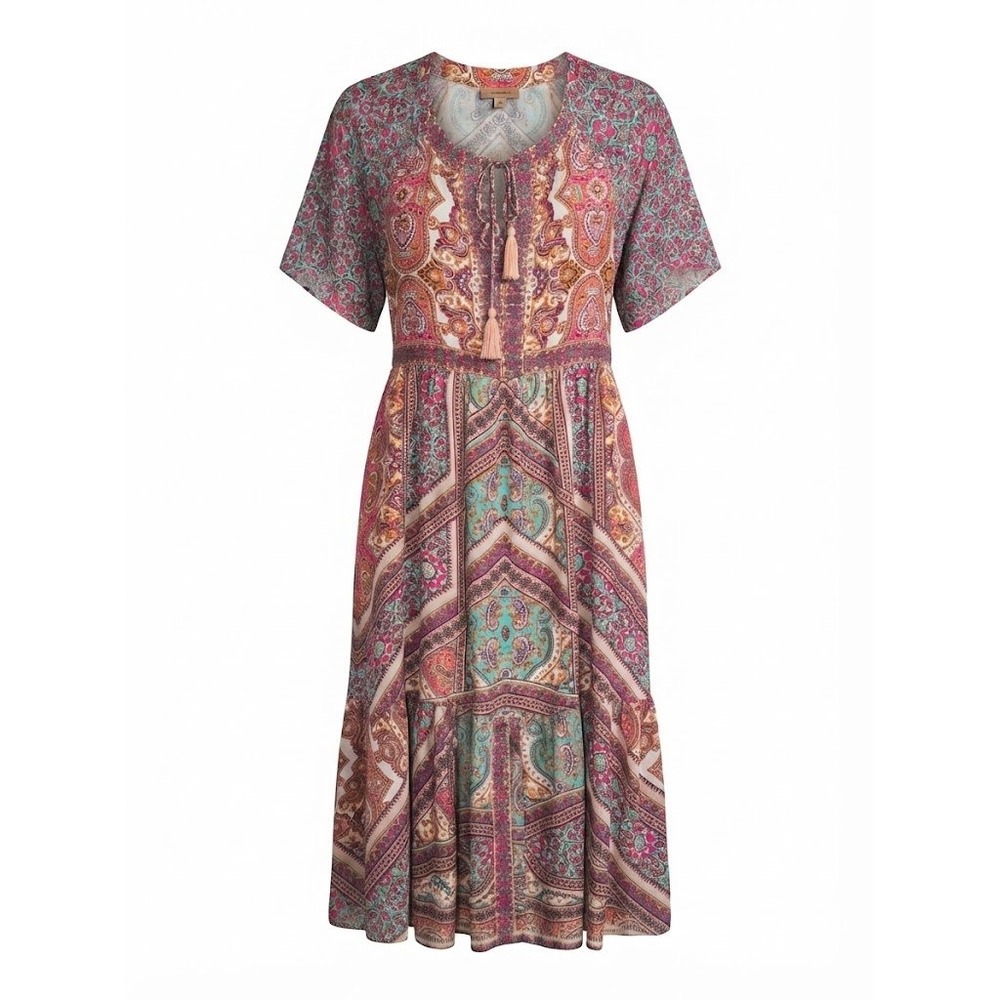 Kachel Anthropology Paisley Silk Blend Boho Midi Dress Tassels Small - CJ
